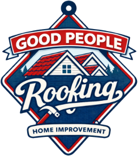Logo badge for Good People Roofing; features a house illustration and 'Home Improvement' banner.